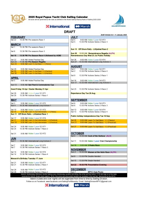 Sailing Calendar 2025