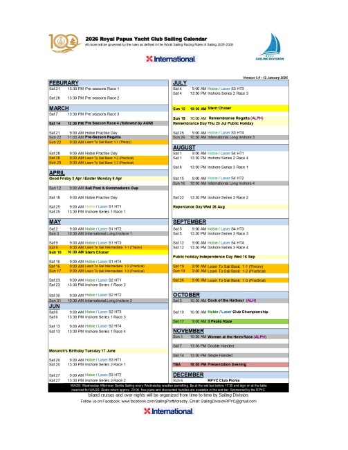 Sailing Calendar 2026